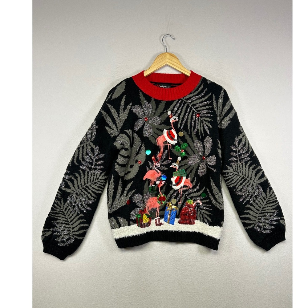 Ugly Christmas Festive 33 Degrees Women S Black Flamingo‎ Sequin Holiday Sweater